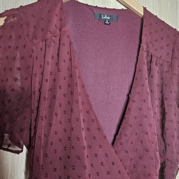 Lulus Red Maroon Womens Swiss Dot Short Sleeve Wrap Midi Dress Medium - Picture 5 of 10